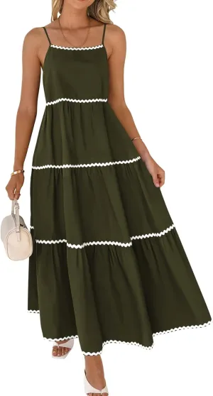 BTFBM Boho Summer Dresses 2025 Spaghetti Strap Backless Sundress RIC Rac Trim Tiered A-Line Long Casual Vacation Dress