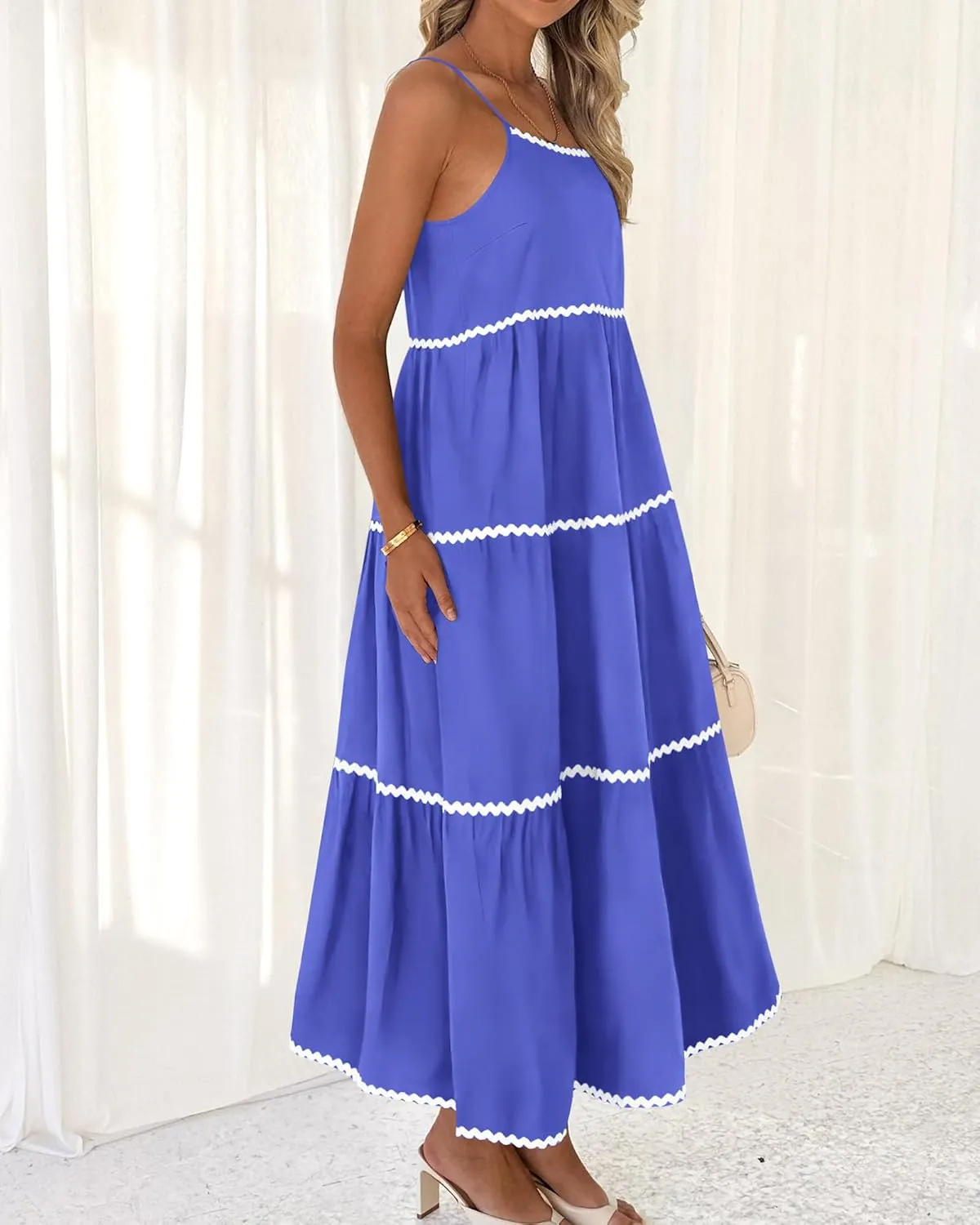 BTFBM Boho Summer Dresses 2025 Spaghetti Strap Backless Sundress RIC Rac Trim Tiered A-Line Long Casual Vacation Dress