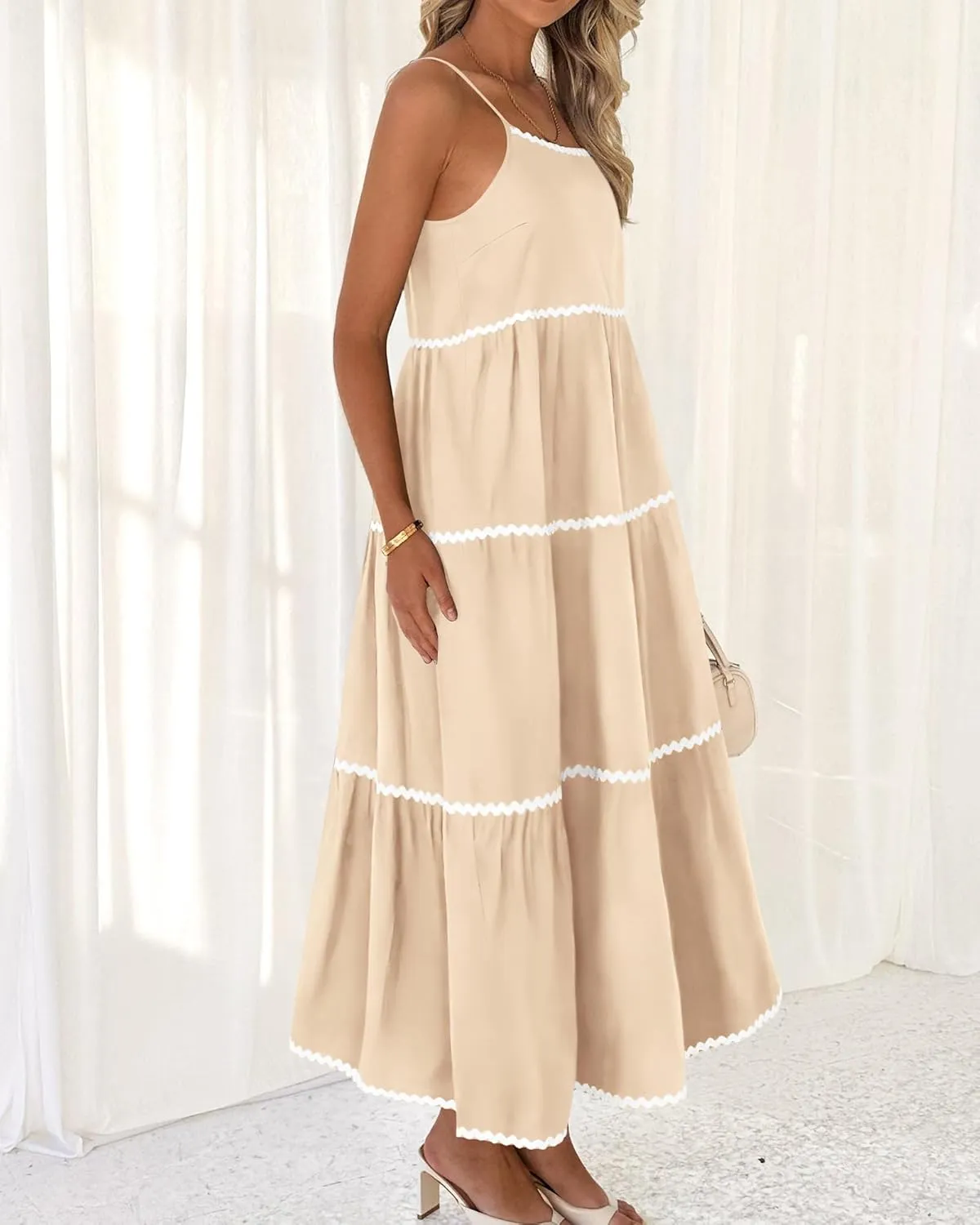 BTFBM Boho Summer Dresses 2025 Spaghetti Strap Backless Sundress RIC Rac Trim Tiered A-Line Long Casual Vacation Dress