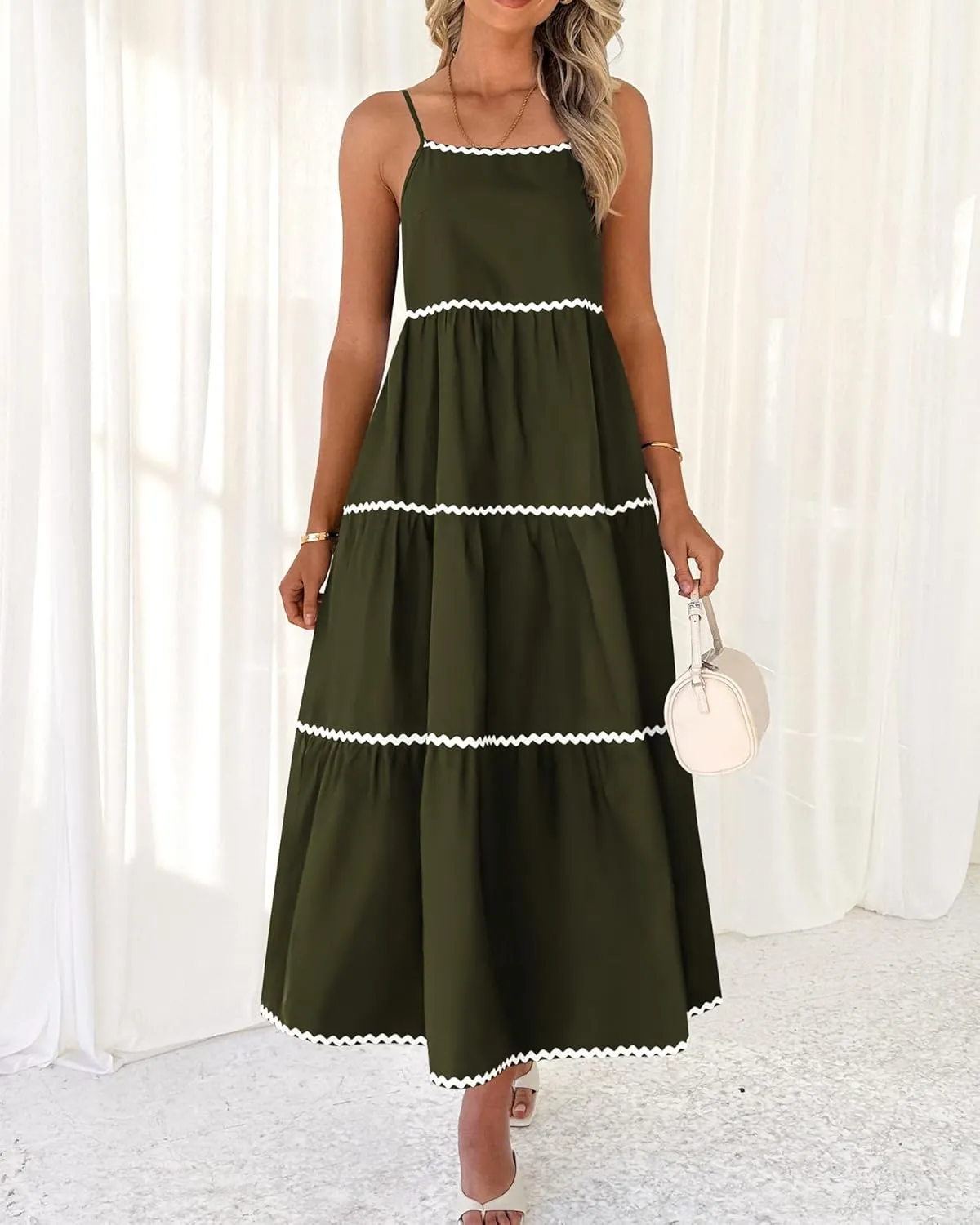 BTFBM Boho Summer Dresses 2025 Spaghetti Strap Backless Sundress RIC Rac Trim Tiered A-Line Long Casual Vacation Dress