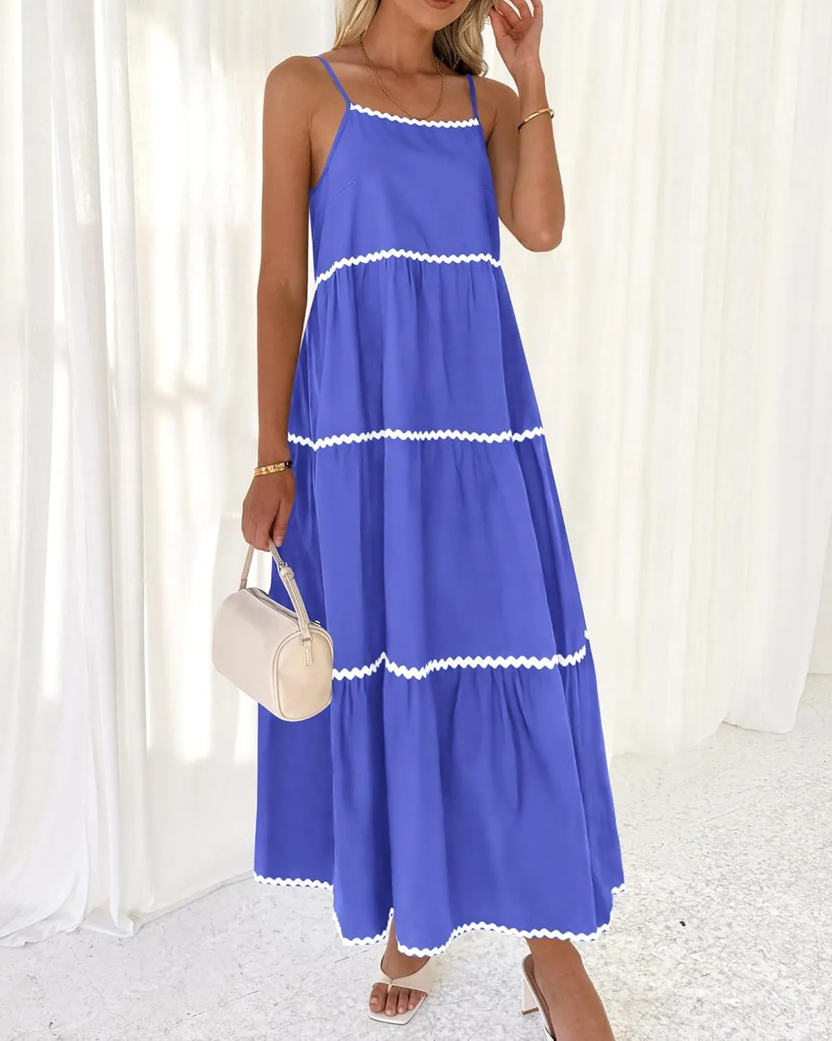 BTFBM Boho Summer Dresses 2025 Spaghetti Strap Backless Sundress RIC Rac Trim Tiered A-Line Long Casual Vacation Dress