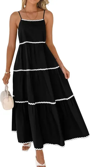 BTFBM Boho Summer Dresses 2025 Spaghetti Strap Backless Sundress RIC Rac Trim Tiered A-Line Long Casual Vacation Dress