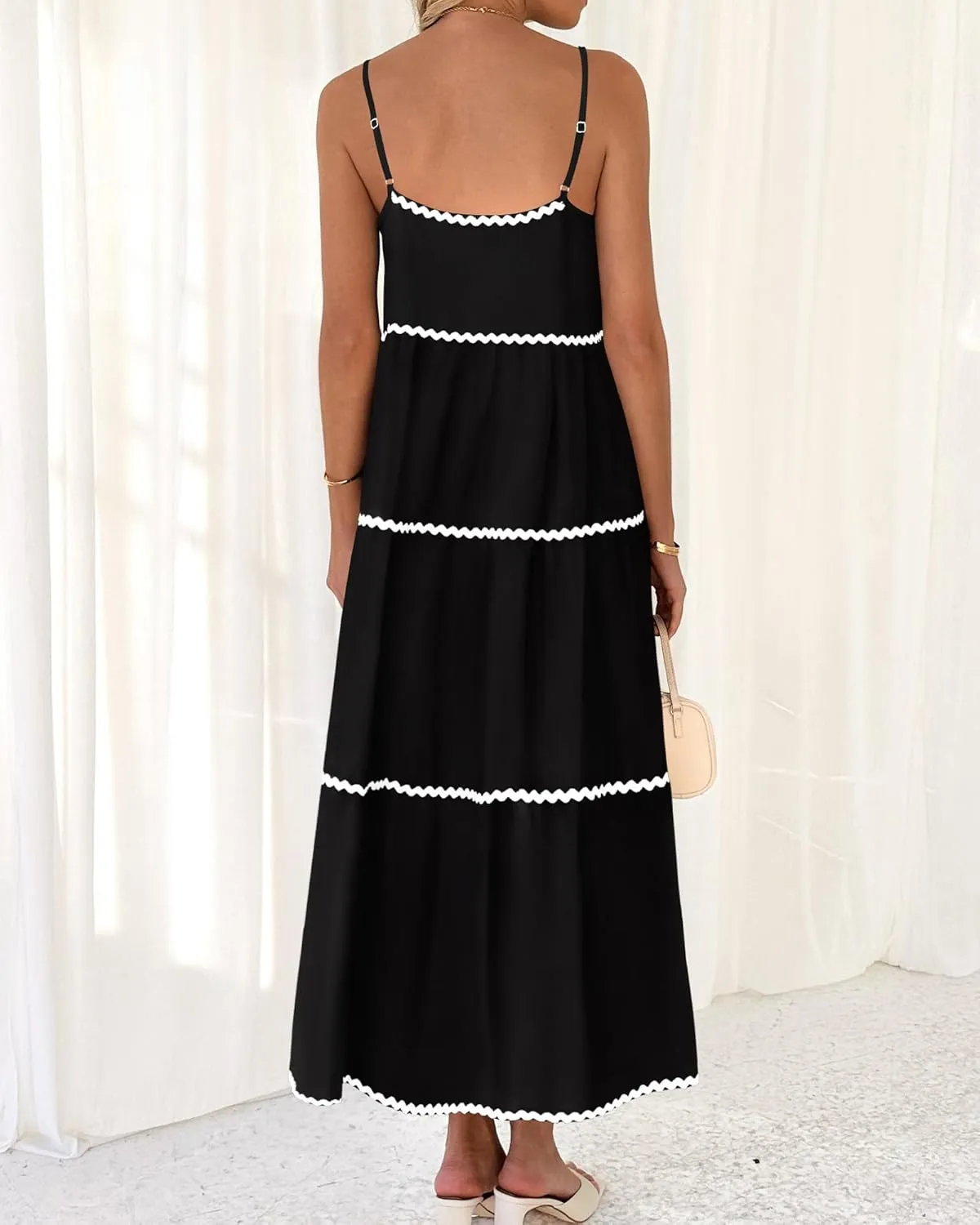 BTFBM Boho Summer Dresses 2025 Spaghetti Strap Backless Sundress RIC Rac Trim Tiered A-Line Long Casual Vacation Dress