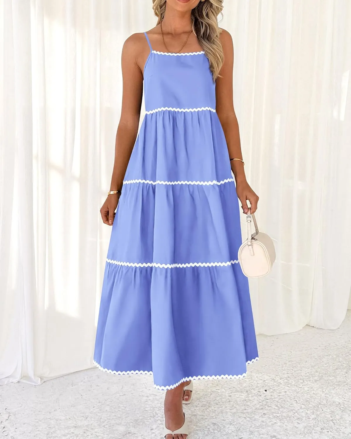 BTFBM Boho Summer Dresses 2025 Spaghetti Strap Backless Sundress RIC Rac Trim Tiered A-Line Long Casual Vacation Dress