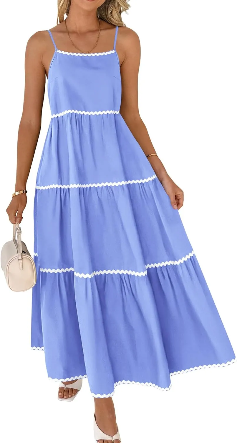 BTFBM Boho Summer Dresses 2025 Spaghetti Strap Backless Sundress RIC Rac Trim Tiered A-Line Long Casual Vacation Dress