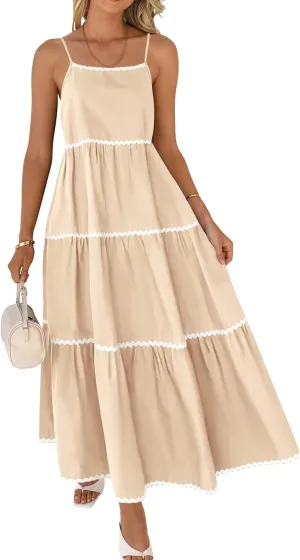 BTFBM Boho Summer Dresses 2025 Spaghetti Strap Backless Sundress RIC Rac Trim Tiered A-Line Long Casual Vacation Dress