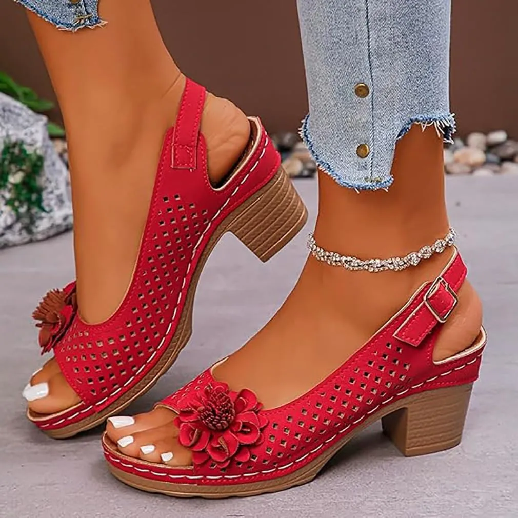 Buckled Square Heel Sandals for Women, Womens Peep Toe Slingback Low Chunky Heeled Dress Sandals Wedge Shoes Dressy