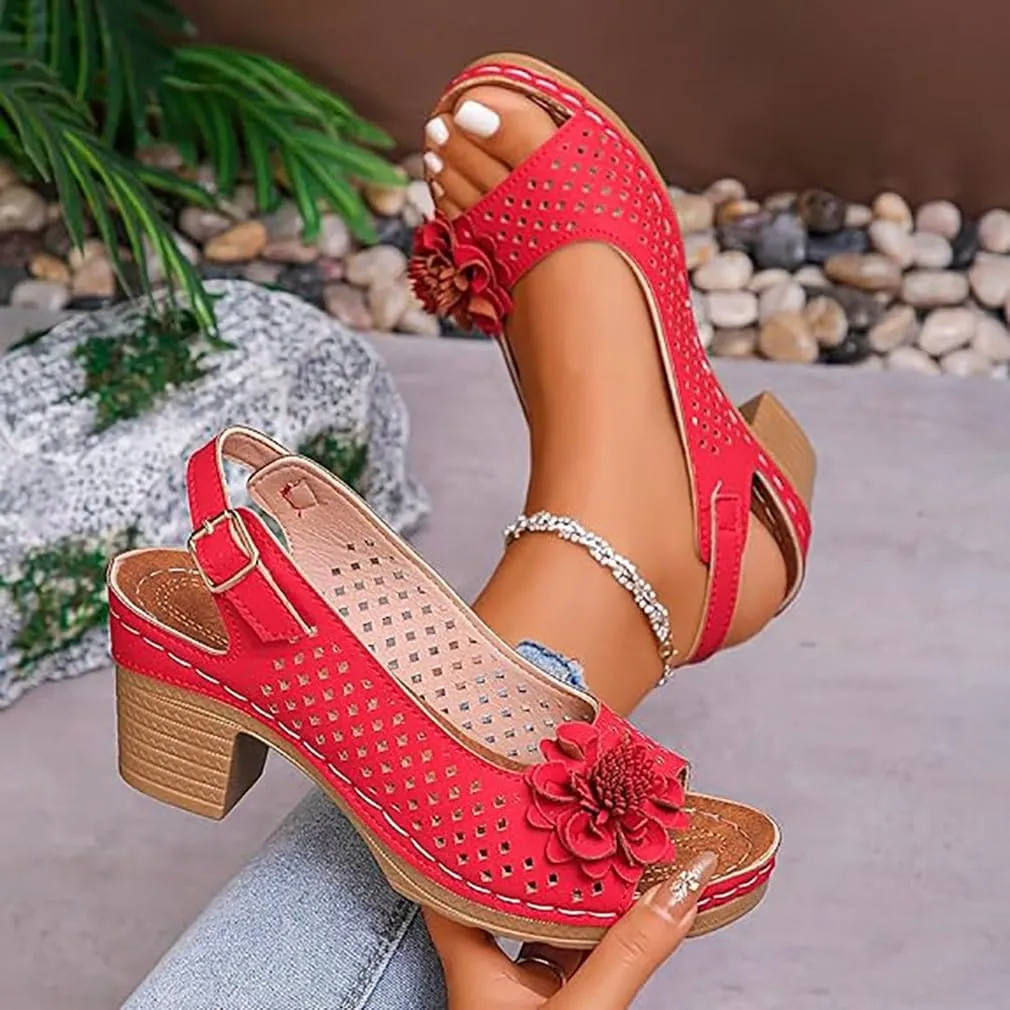Buckled Square Heel Sandals for Women, Womens Peep Toe Slingback Low Chunky Heeled Dress Sandals Wedge Shoes Dressy
