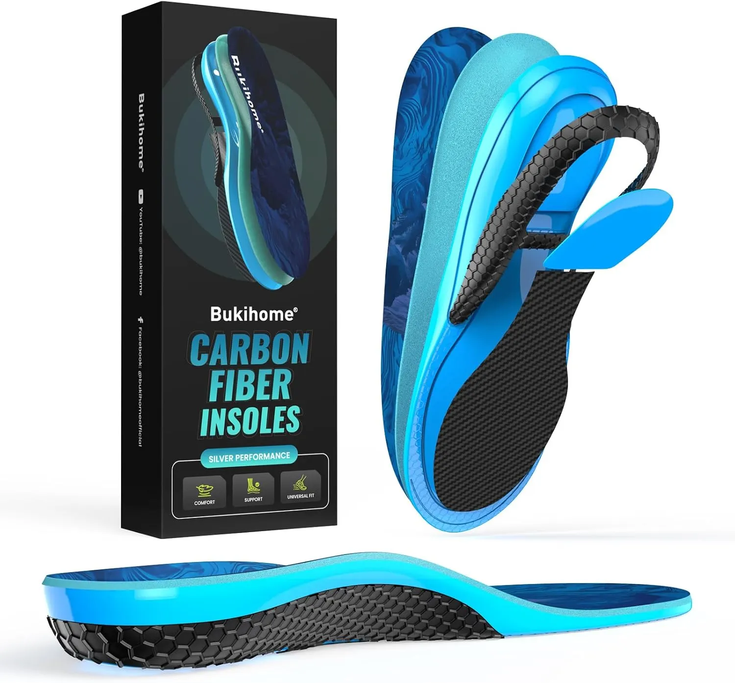 Bukihome Hike Support Insoles for Men Women - Comfort Carbon Fiber Orthotic Inserts for Hiking Boots or Sports Shoes - Trim to Fit (Dark Blue, XS)