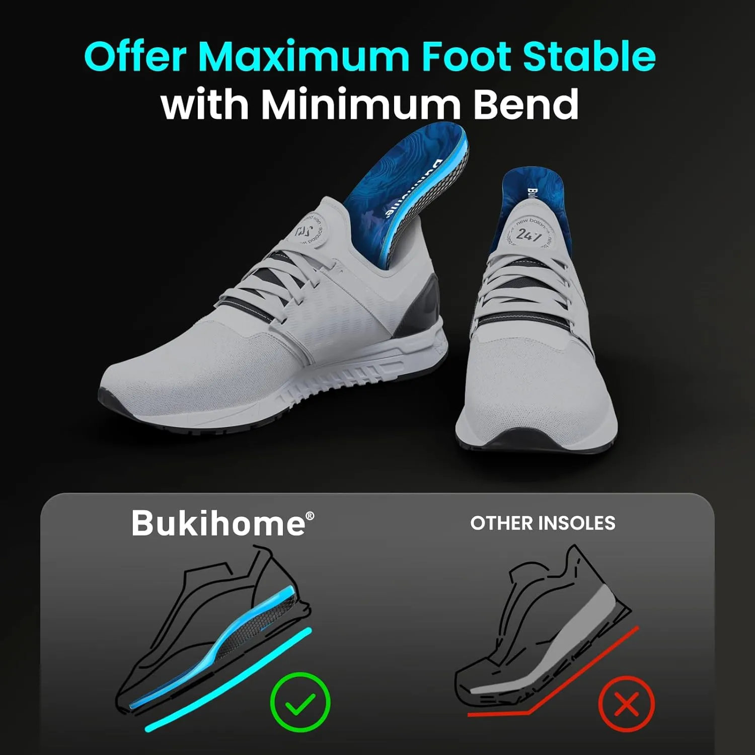 Bukihome Hike Support Insoles for Men Women - Comfort Carbon Fiber Orthotic Inserts for Hiking Boots or Sports Shoes - Trim to Fit (Dark Blue, XS)