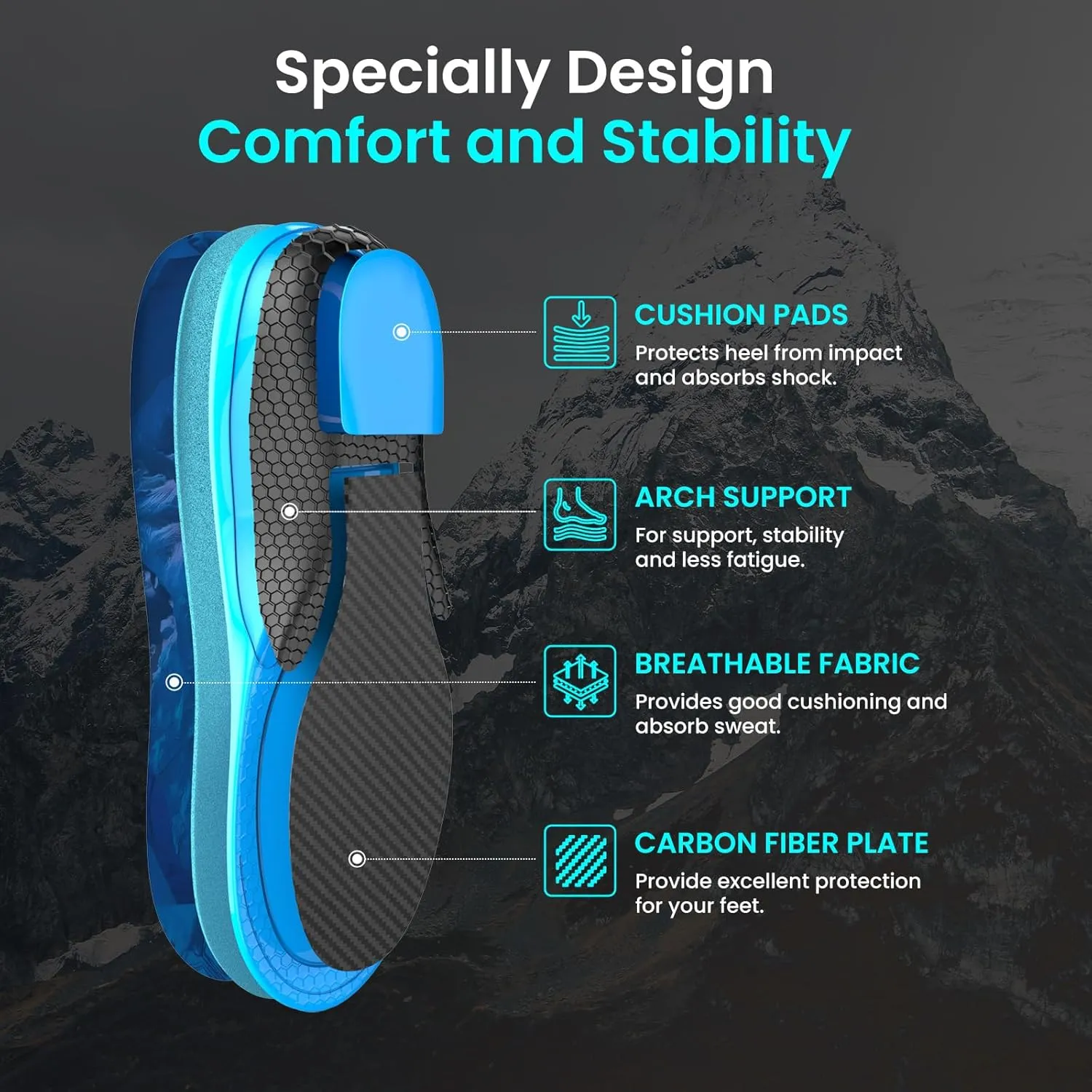 Bukihome Hike Support Insoles for Men Women - Comfort Carbon Fiber Orthotic Inserts for Hiking Boots or Sports Shoes - Trim to Fit (Dark Blue, XS)