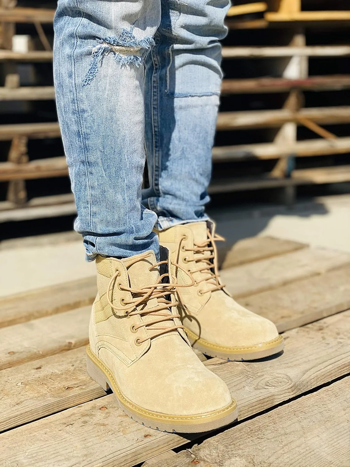 CALTO Men's Invisible Height Increasing Elevator Shoes - Desert Sand Suede Lace-up High-top Military Boots - 3.2 Inches Taller - S9012 - Size 11 D(M) US