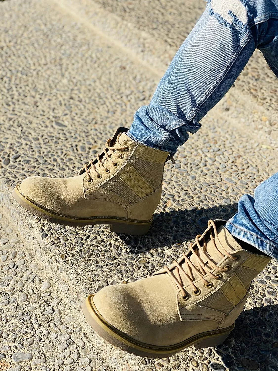 CALTO Men's Invisible Height Increasing Elevator Shoes - Desert Sand Suede Lace-up High-top Military Boots - 3.2 Inches Taller - S9012 - Size 11 D(M) US