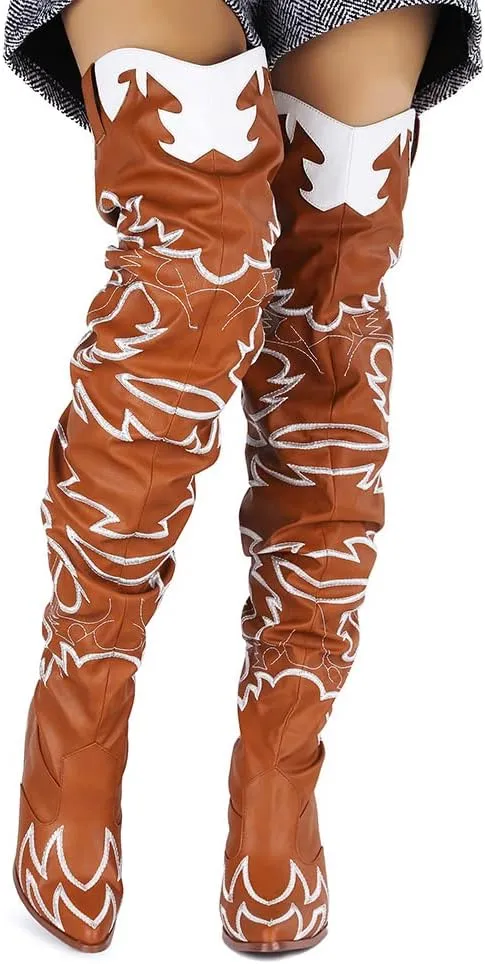 Cape Robbin Kelsey-21 Cowboy Boots Women, Over The Knee Western Cowgirl Boots with Chunky Block Heels, Fashion Dress Boots for Women