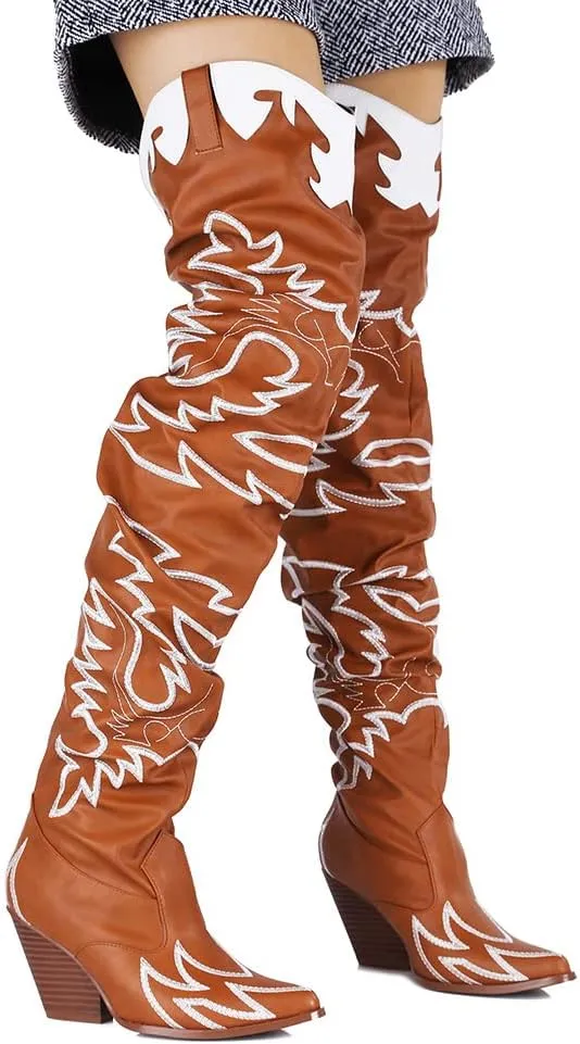 Cape Robbin Kelsey-21 Cowboy Boots Women, Over The Knee Western Cowgirl Boots with Chunky Block Heels, Fashion Dress Boots for Women