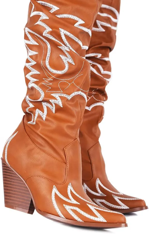 Cape Robbin Kelsey-21 Cowboy Boots Women, Over The Knee Western Cowgirl Boots with Chunky Block Heels, Fashion Dress Boots for Women