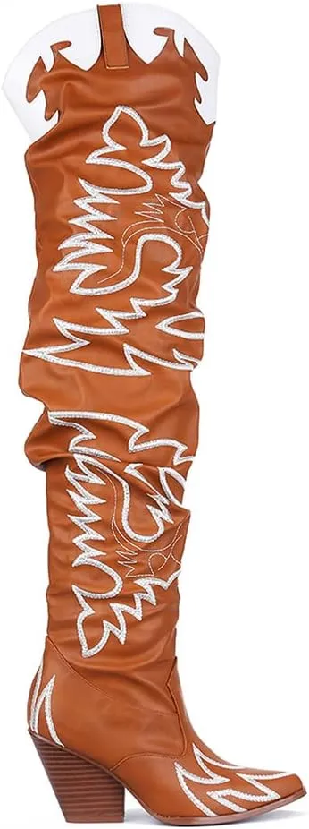 Cape Robbin Kelsey-21 Cowboy Boots Women, Over The Knee Western Cowgirl Boots with Chunky Block Heels, Fashion Dress Boots for Women