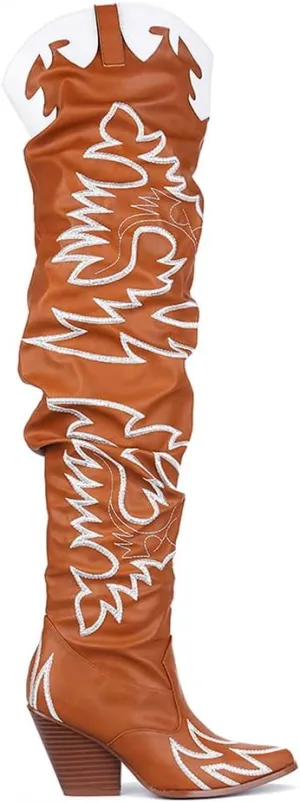 Cape Robbin Kelsey-21 Cowboy Boots Women, Over The Knee Western Cowgirl Boots with Chunky Block Heels, Fashion Dress Boots for Women