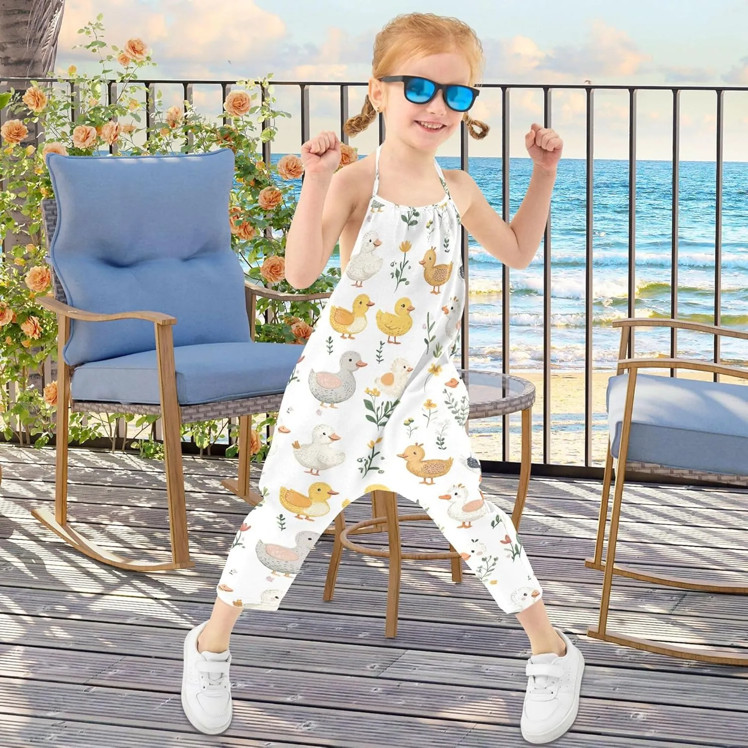 Cartoon Cute Pet Duck White Toddler Girl Romper with Pockets Backless Jumpsuits Cotton Summer Clothes 1T