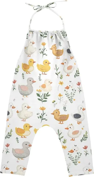 Cartoon Cute Pet Duck White Toddler Girl Romper with Pockets Backless Jumpsuits Cotton Summer Clothes 1T