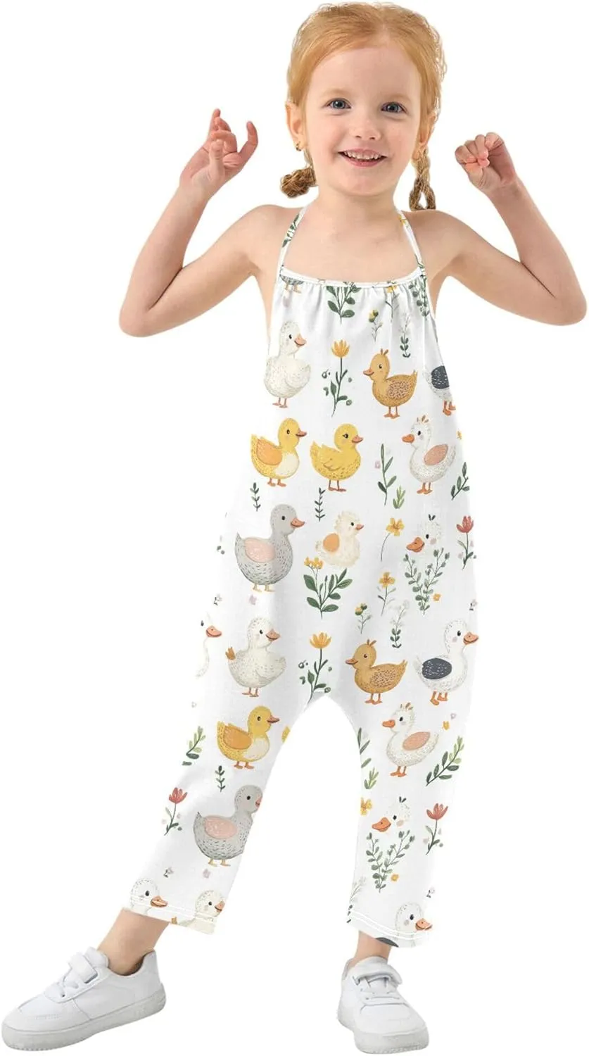 Cartoon Cute Pet Duck White Toddler Girl Romper with Pockets Backless Jumpsuits Cotton Summer Clothes 1T