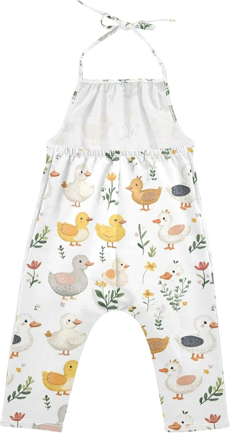 Cartoon Cute Pet Duck White Toddler Girl Romper with Pockets Backless Jumpsuits Cotton Summer Clothes 1T