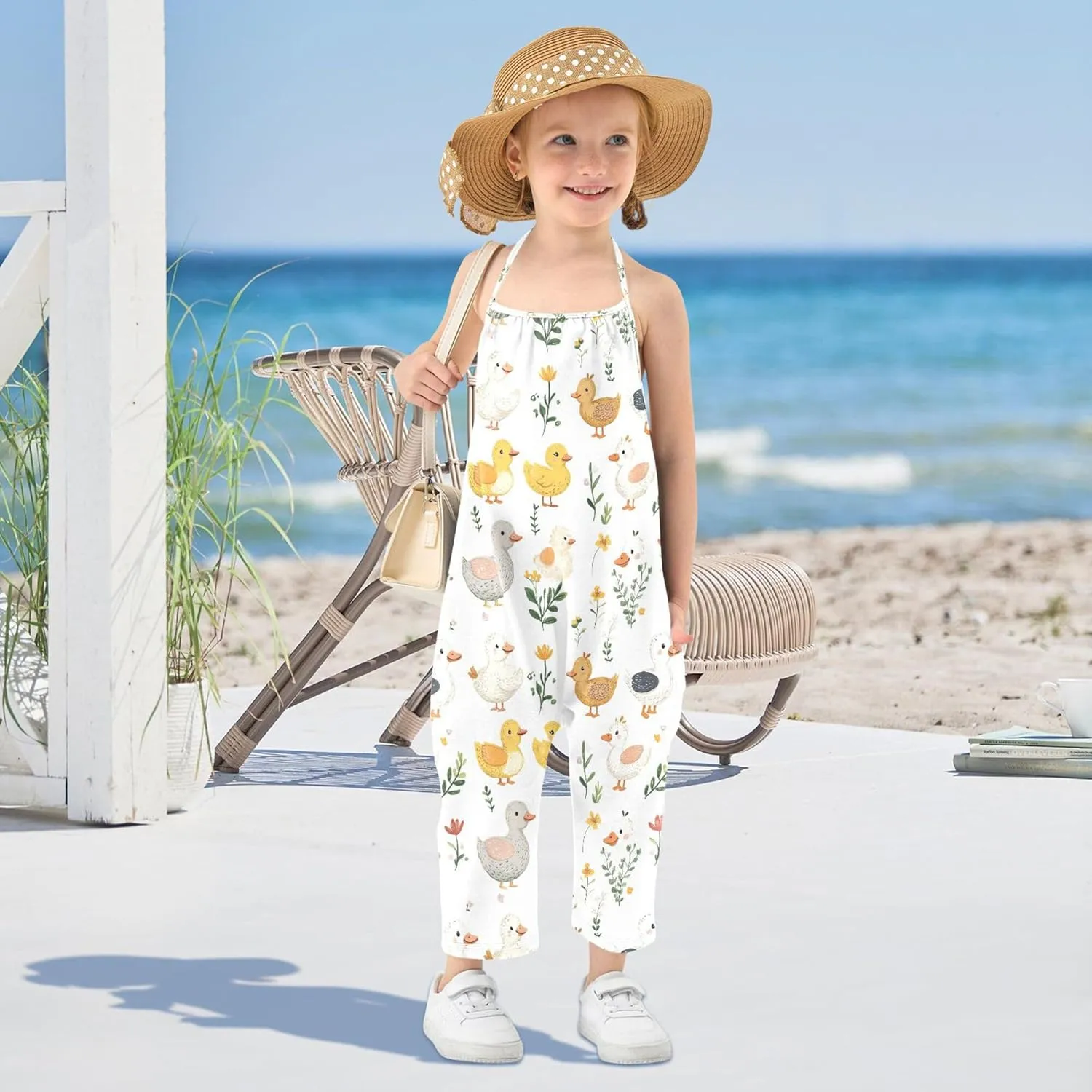Cartoon Cute Pet Duck White Toddler Girl Romper with Pockets Backless Jumpsuits Cotton Summer Clothes 1T