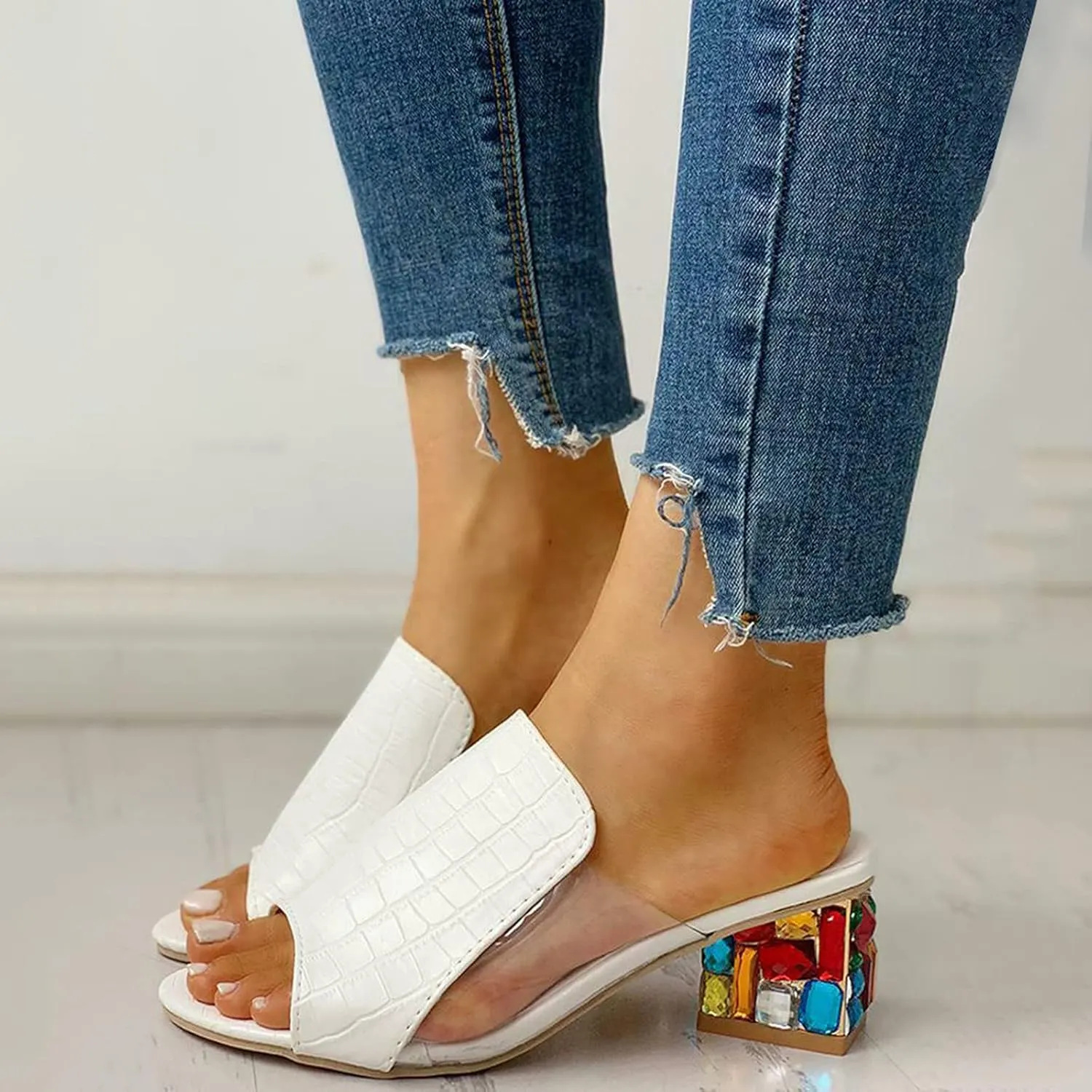 Casual Shoes Women's Gemstone High Heel Sandals Casual Slides Open Toe Open Toe Sandals Summer Shoes (White, 8.5)