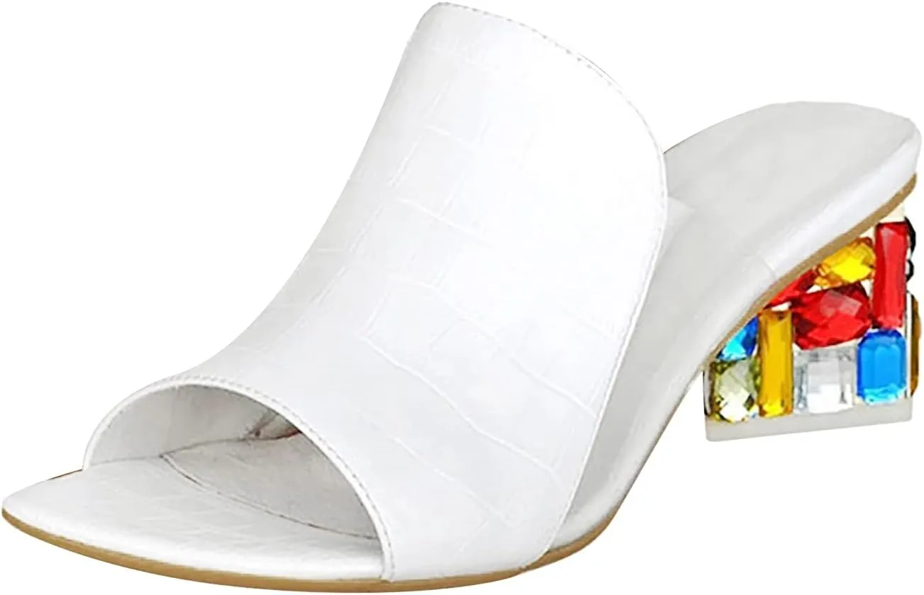 Casual Shoes Women's Gemstone High Heel Sandals Casual Slides Open Toe Open Toe Sandals Summer Shoes (White, 8.5)