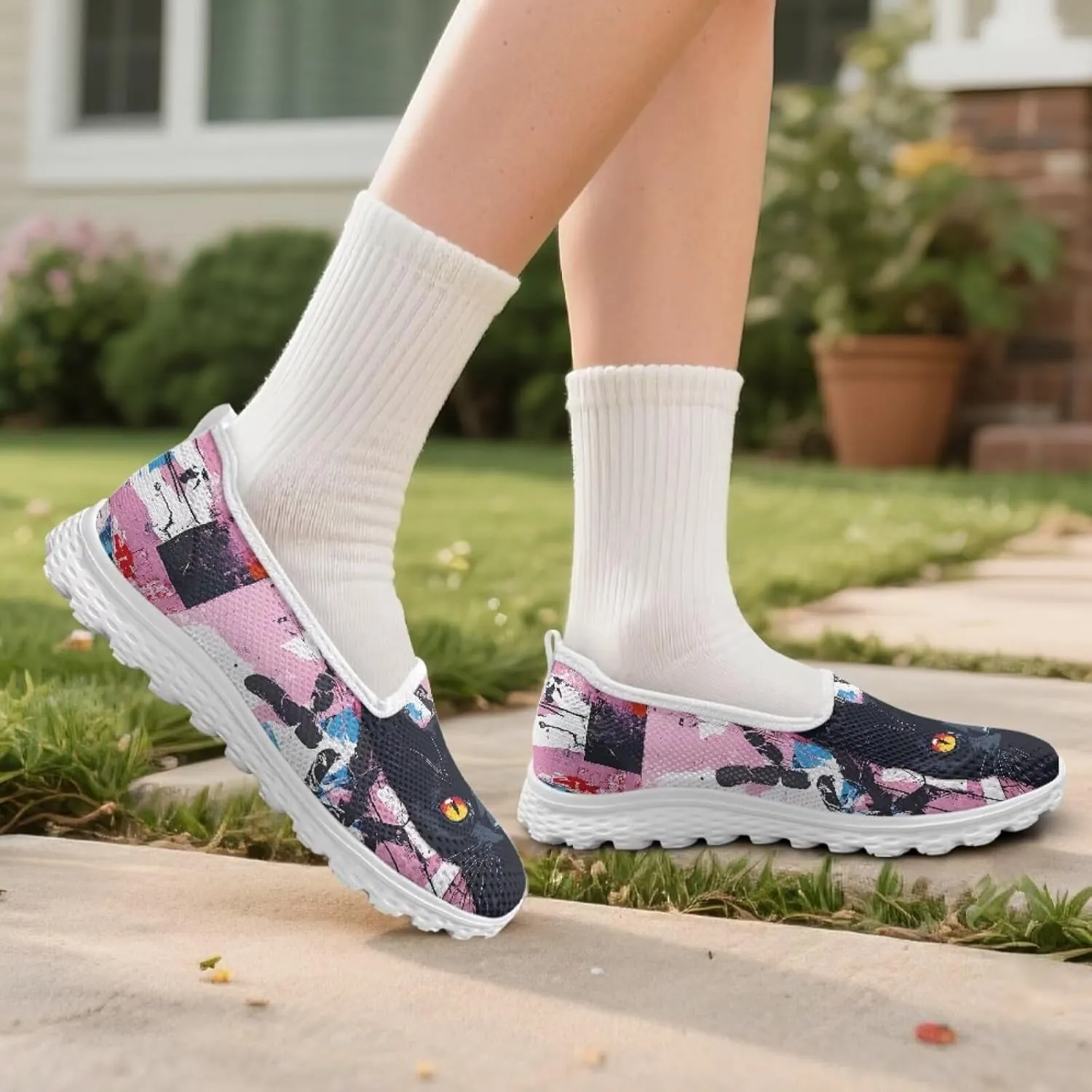 Cat Women Mesh Flats Shoes Comfort Slip on Shoes Non-Slip Walking Loafers Breathable Classic Sneakers