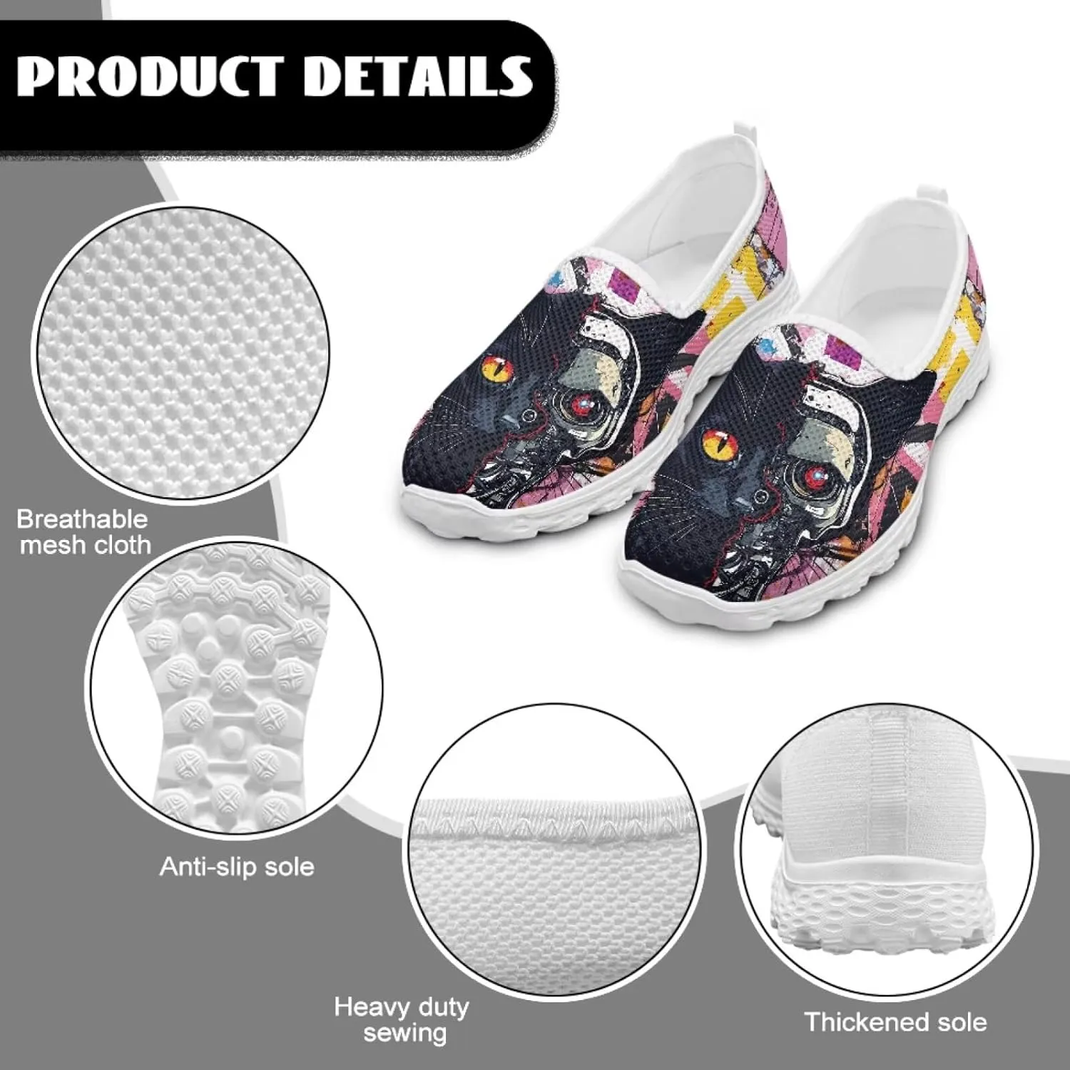 Cat Women Mesh Flats Shoes Comfort Slip on Shoes Non-Slip Walking Loafers Breathable Classic Sneakers