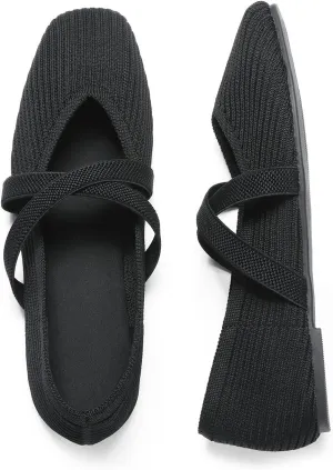 CELNEPHO Flats for Women Square Toe Ballet Flats Cross Strap Comfortable Arch Support Dressy Knit Flats for Women Mary Jane Flats Slip On Washable Casual Office Shoes