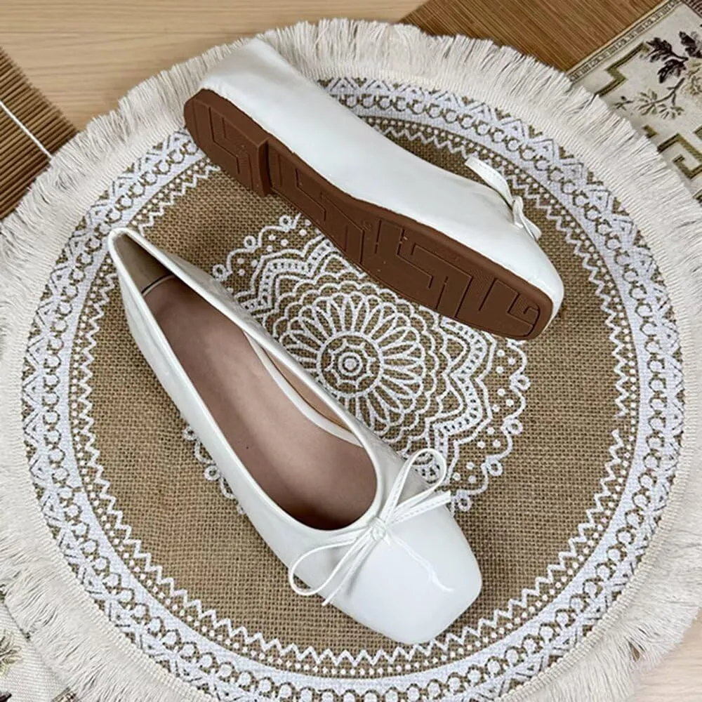 ChaiRong Zhou Women Lightweight Bow Patent Leather Flats Square Toe Slip on Low Heel Ballet Dress Party Office Shoes