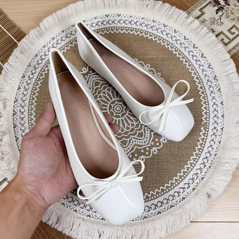 ChaiRong Zhou Women Lightweight Bow Patent Leather Flats Square Toe Slip on Low Heel Ballet Dress Party Office Shoes