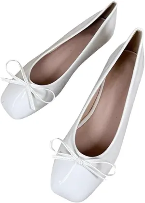 ChaiRong Zhou Women Lightweight Bow Patent Leather Flats Square Toe Slip on Low Heel Ballet Dress Party Office Shoes