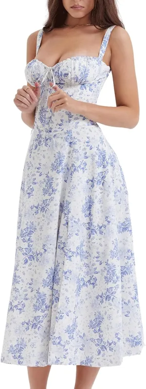 CHARTOU Women's Spaghetti Strap Midi Dress Sleeveless Square Neck Dress Floral Split Cottagecore Dress