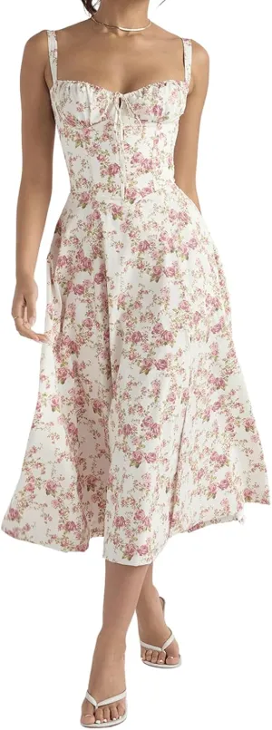 CHARTOU Women's Spaghetti Strap Midi Dress Sleeveless Square Neck Dress Floral Split Cottagecore Dress