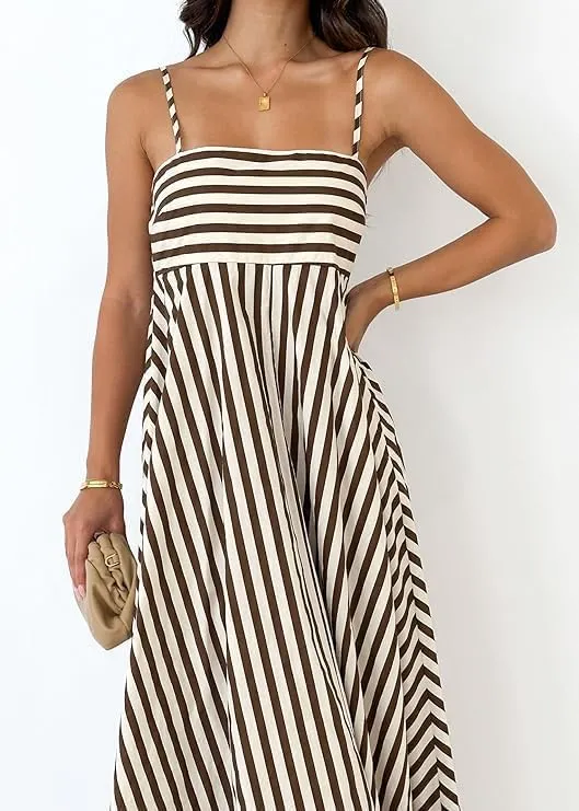 Colorful Dress for Women Striped Sleeveless Spaghetti Straps Flowy Aline Maxi Dress Summer Boho Beach Sundress