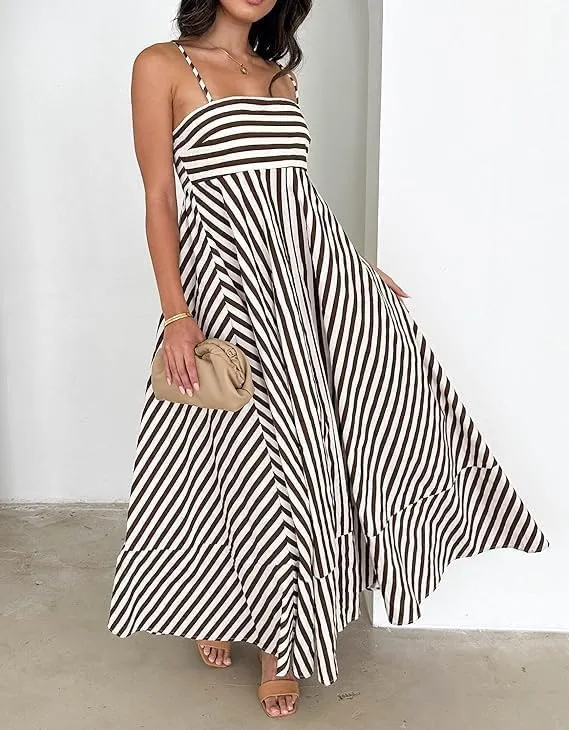 Colorful Dress for Women Striped Sleeveless Spaghetti Straps Flowy Aline Maxi Dress Summer Boho Beach Sundress