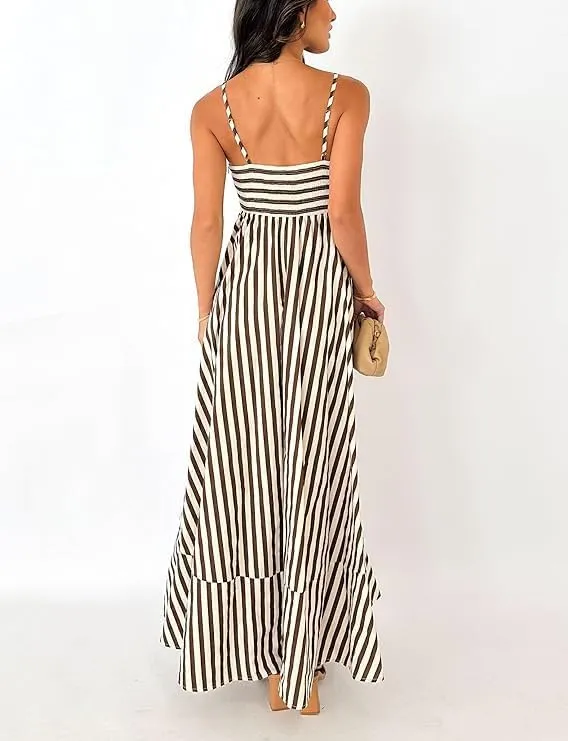 Colorful Dress for Women Striped Sleeveless Spaghetti Straps Flowy Aline Maxi Dress Summer Boho Beach Sundress
