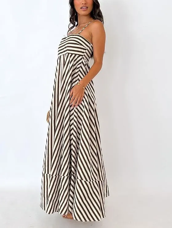 Colorful Dress for Women Striped Sleeveless Spaghetti Straps Flowy Aline Maxi Dress Summer Boho Beach Sundress