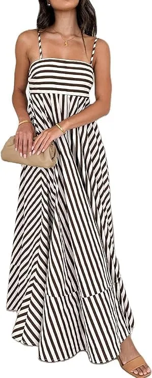 Colorful Dress for Women Striped Sleeveless Spaghetti Straps Flowy Aline Maxi Dress Summer Boho Beach Sundress