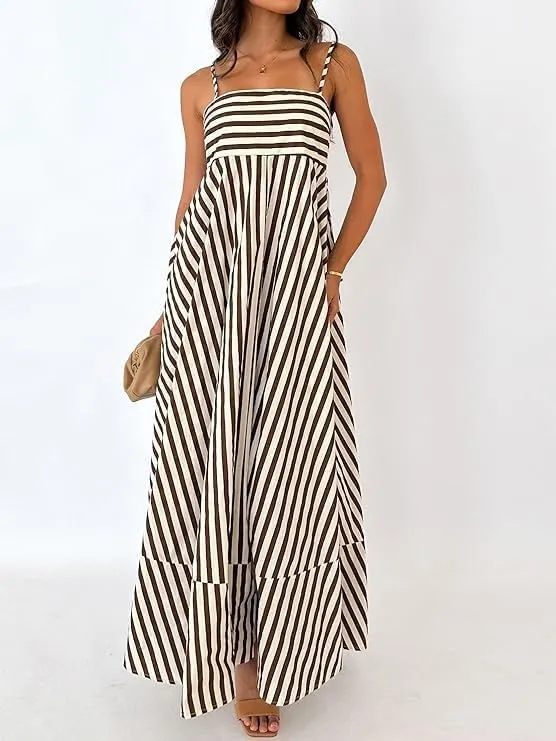 Colorful Dress for Women Striped Sleeveless Spaghetti Straps Flowy Aline Maxi Dress Summer Boho Beach Sundress