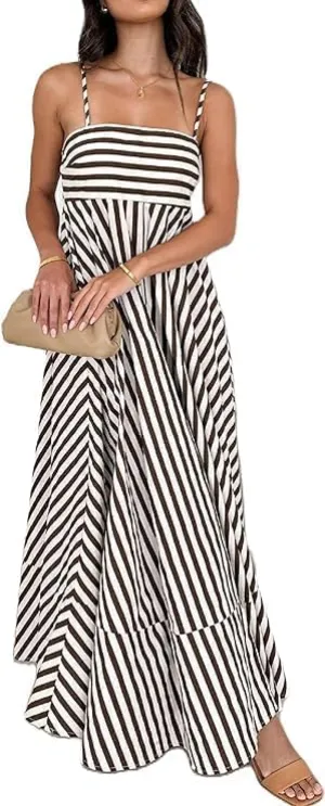 Colorful Dress for Women Striped Sleeveless Spaghetti Straps Flowy Aline Maxi Dress Summer Boho Beach Sundress