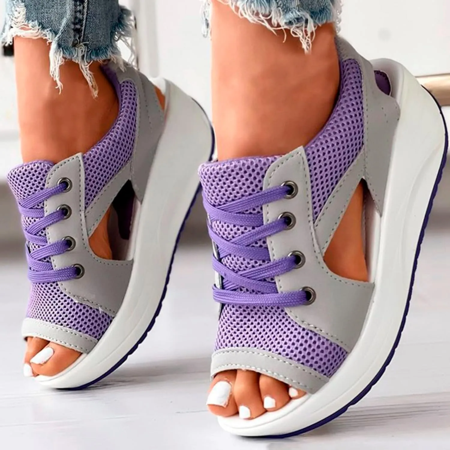 Contrast Paneled Cutout Lace-Up Muffin Sandals for Women Causal Summer Open Toe Platform Muffin Sandal Shoes