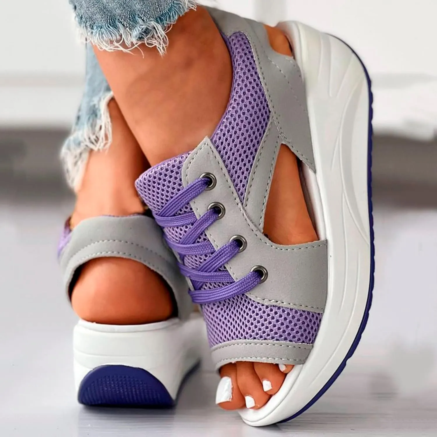 Contrast Paneled Cutout Lace-Up Muffin Sandals for Women Causal Summer Open Toe Platform Muffin Sandal Shoes