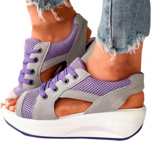 Contrast Paneled Cutout Lace-Up Muffin Sandals for Women Causal Summer Open Toe Platform Muffin Sandal Shoes
