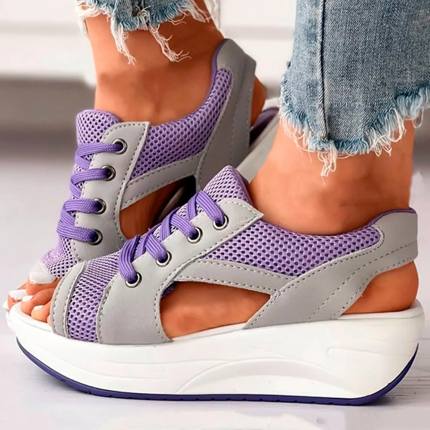 Contrast Paneled Cutout Lace-Up Muffin Sandals for Women Causal Summer Open Toe Platform Muffin Sandal Shoes
