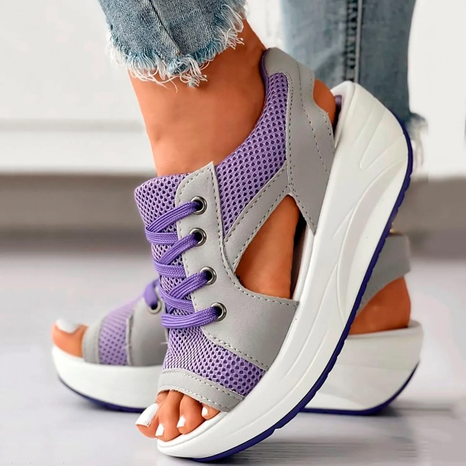 Contrast Paneled Cutout Lace-Up Muffin Sandals for Women Causal Summer Open Toe Platform Muffin Sandal Shoes
