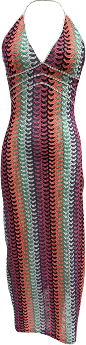 CORIRESHA Women's Sexy Backless Halter Sleeveless Beach Striped Knit Bodycon Maxi Dress